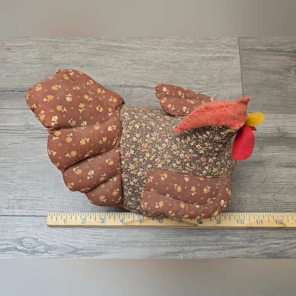 Handmade 1970s Vintage Chicken Quilted Brown Small Floral Prints Decor Farmhouse
